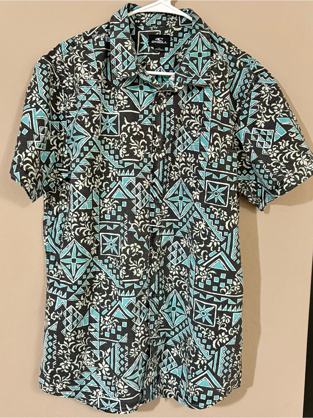 O'Neill Black & Teal Short Sleeve Geometric Button-Up Shirt